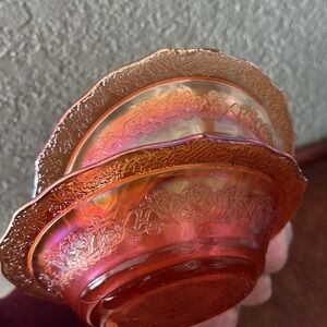 Vintage Federal Glass Normandie Bouquet Lattice Marigold Iridescent Fruit Bowls